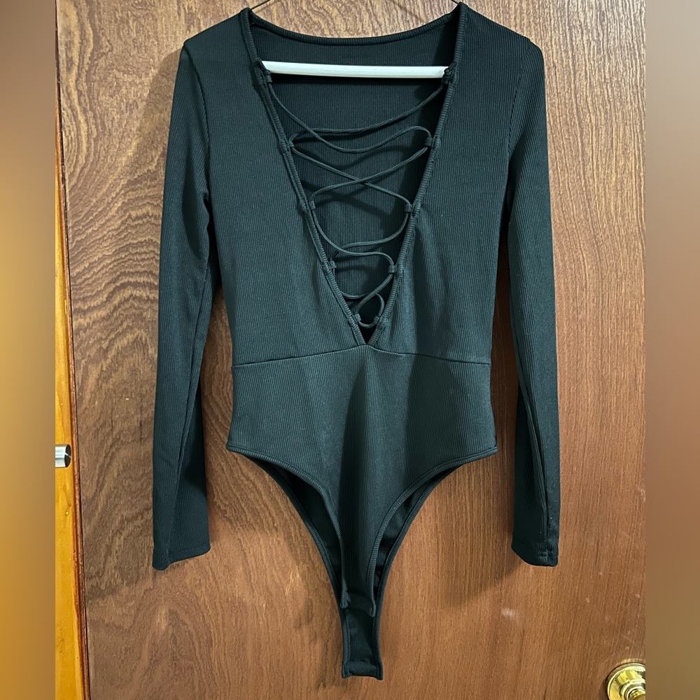 Lace Up Front Black Bodysuit Medium